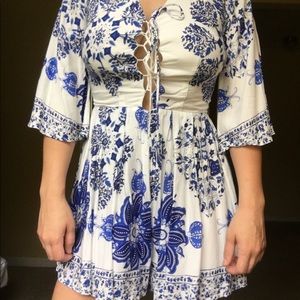 Blue and White Floral Romper